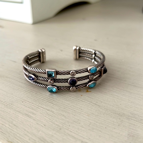 David Yurman Confetti Three-row Cuff Blue Topaz Iolite and Diamonds Bracelet - Picture 4 of 5